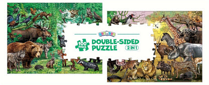 Double Sided Puzzle for Kids 100 Pieces Jungle Animals, 2-in-1 Jigsaw Educational Toy for Boys & Girls Ages 3 4 5 6 7 8
