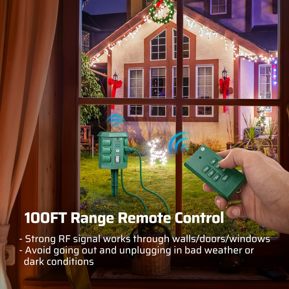 Outdoor Power Stake Timer 6 Outlet, 100FT Wireless Remote Control, Dusk to Dawn Photocell Sensor