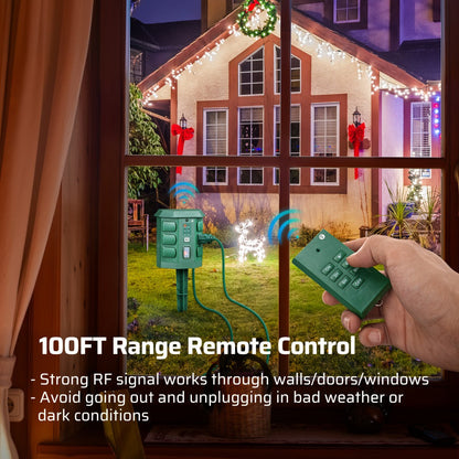 Outdoor Power Stake Timer 6 Outlet, 100FT Wireless Remote Control, Dusk to Dawn Photocell Sensor