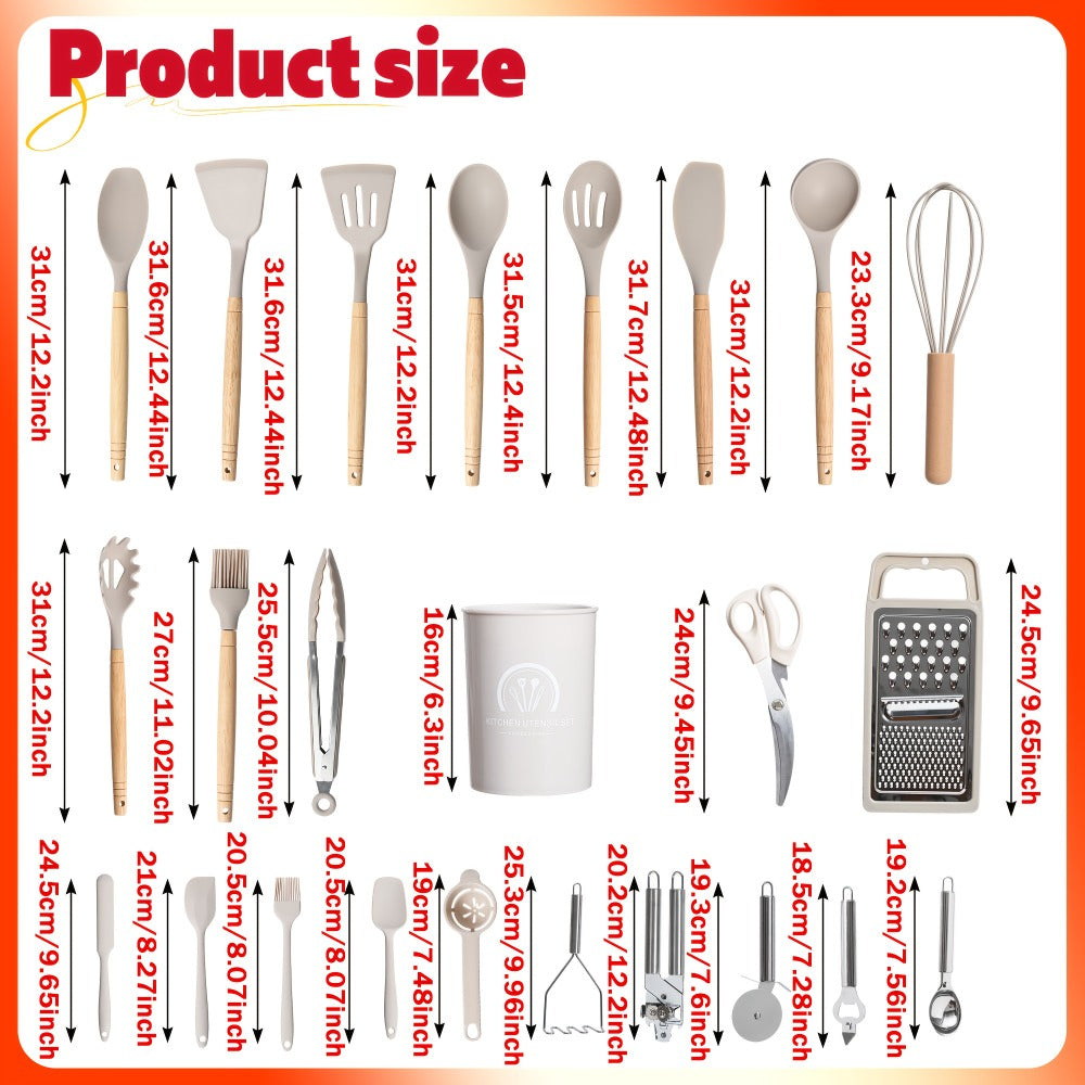 Silicone Kitchen Utensil Set 12PCS with Wooden Handle – Heat Resistant Non-Stick Safe for Home Cooking, Dining and Outdoor Meals