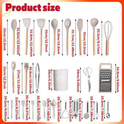 Silicone Kitchen Utensil Set 12PCS with Wooden Handle – Heat Resistant Non-Stick Safe for Home Cooking, Dining and Outdoor Meals