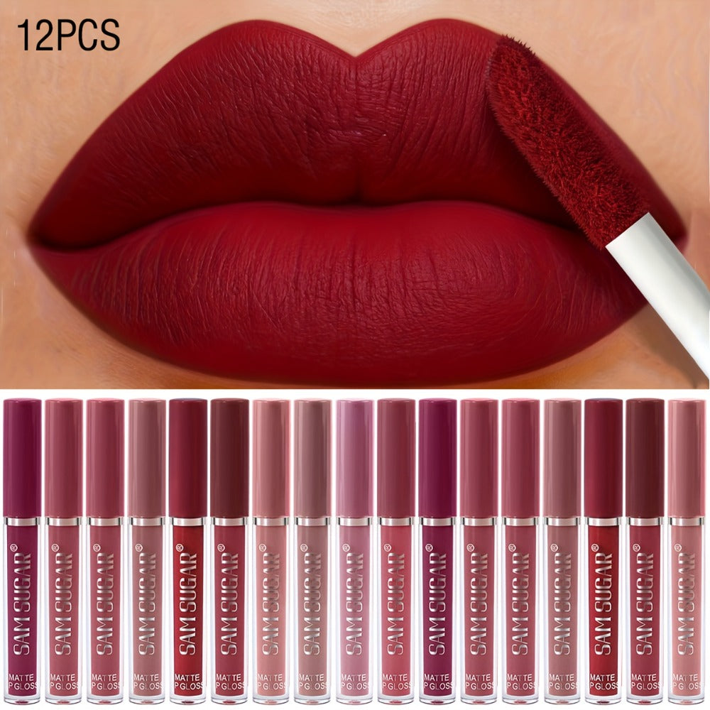 Lip Gloss Set by SAM SUGAR with 12 Matte Liquid Lip Colors, Numbered Shades and Presentation Box