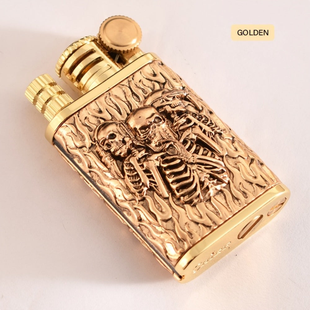 Kerosene Lighter 2-in-1 Permanent Match Flint Wheel Refillable, Golden Windproof Pocket Lighter with Built-In Match Strike