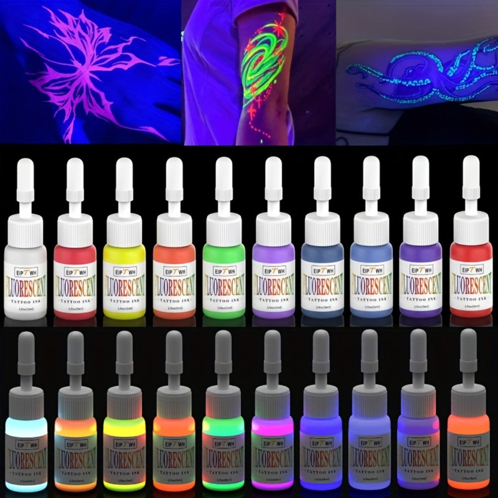 Tattoo Ink EIPTWH UV Blacklight Set with 10 Fluorescent Color Bottles and One Configuration