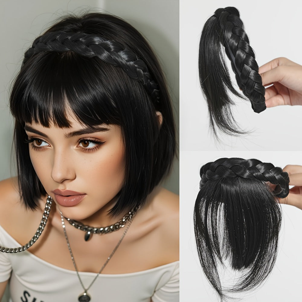 Hair Extensions Synthetic Braided Headband with 4-Inch Bangs, 55g Weight and Four Color Options