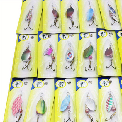 Fishing Lure Set 30-Piece Assorted Metal Spinner and Spoon Baits with Reflective Colors, Hooks and Display-Card Packaging