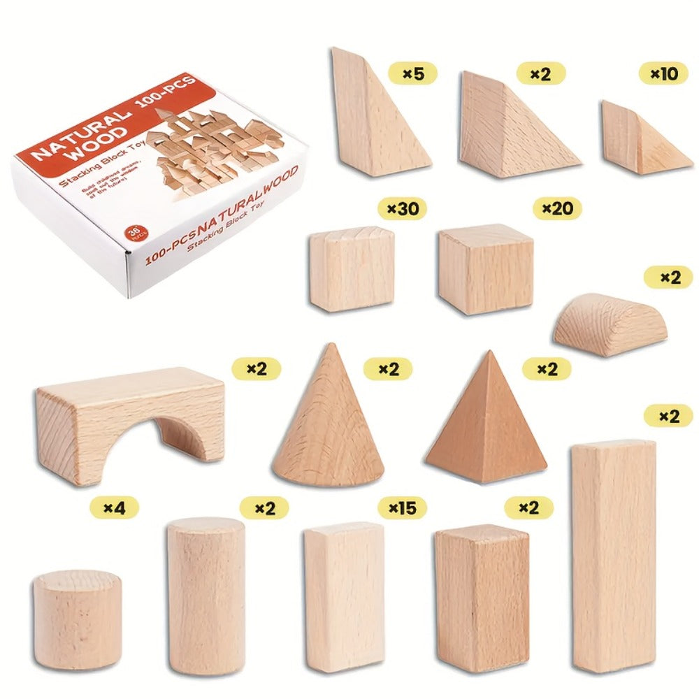 Natural Beech Wood Blocks 100 Piece Unpainted Solid Wooden Building Set, STEM Logical Thinking Toy for Kids Ages 3-12