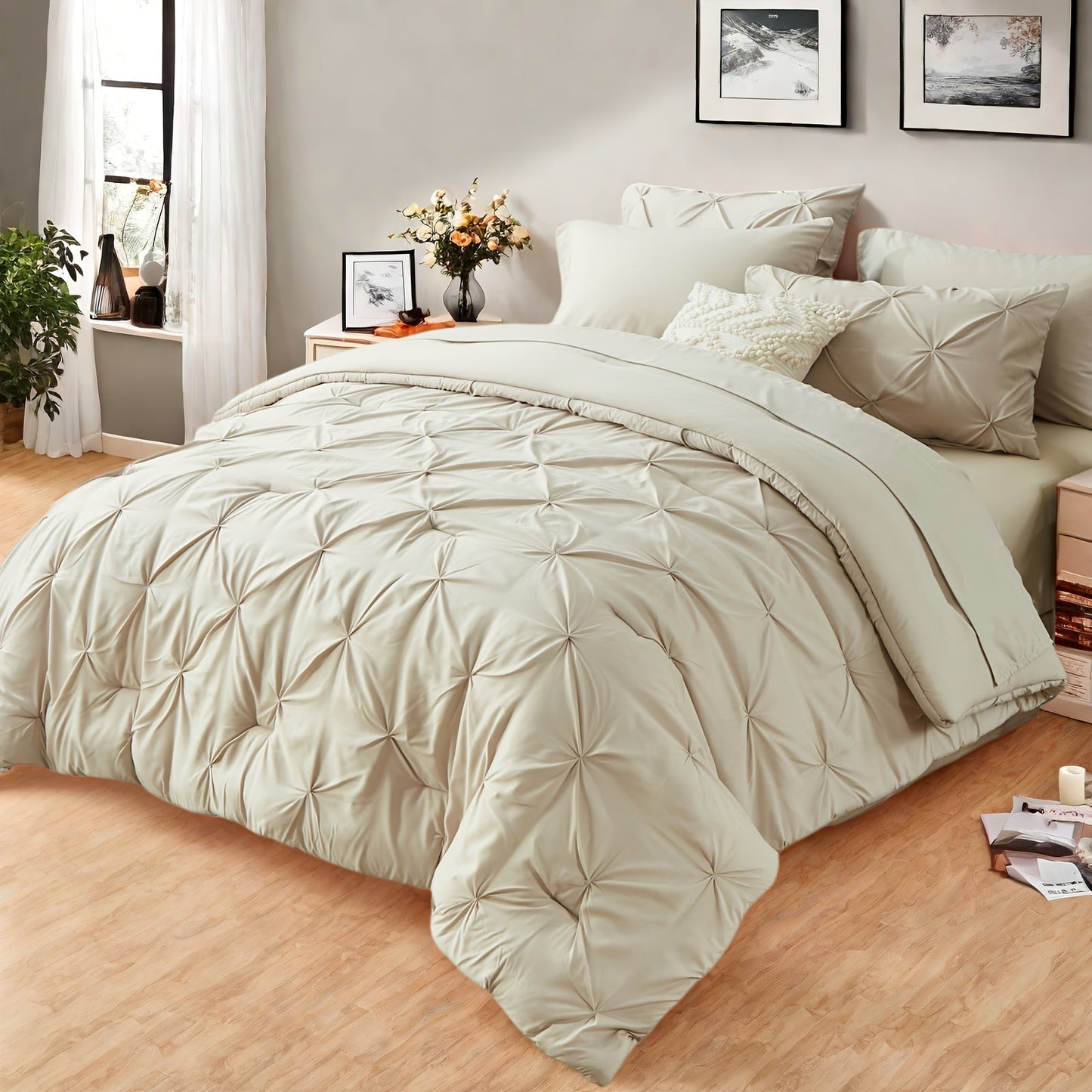 Comforter Set Luxurious Pleated 5/7pcs Bed in a Bag, Plush Fiber Fill, Year-Round Warmth - Quilted Comforter