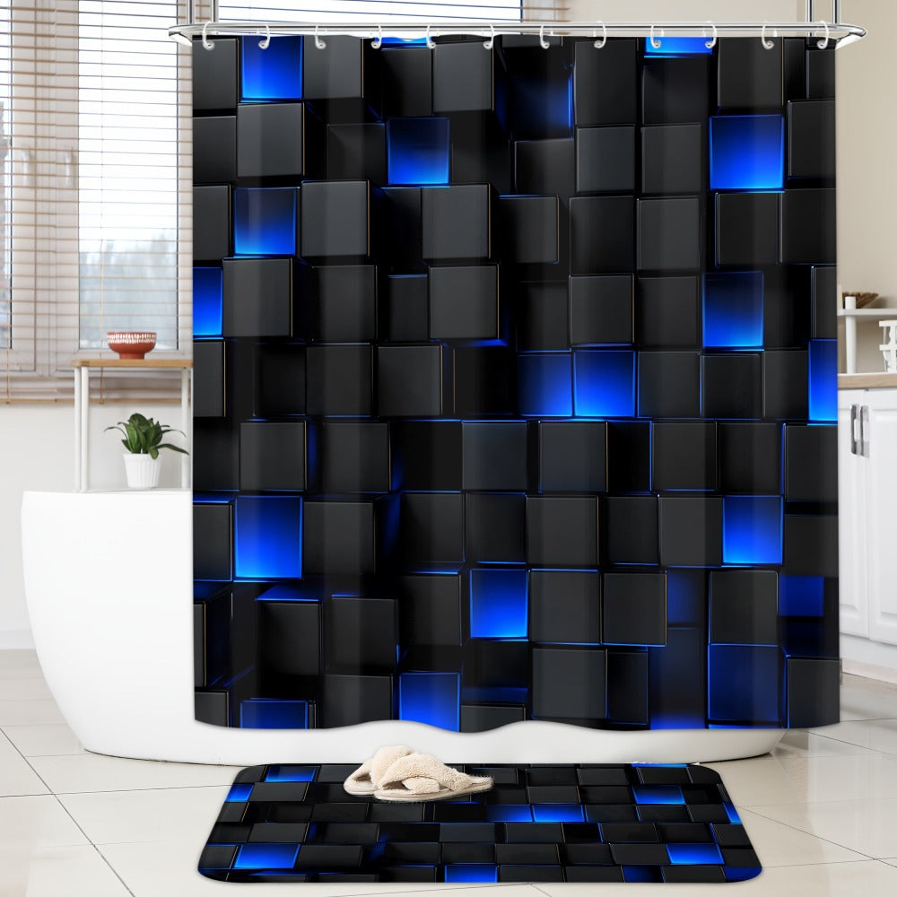 Shower Curtain Set with 12 Hooks & Toilet Seat Cover, 4-Piece Bathroom Set Dark Blue Geometric Abstract Cube Pattern