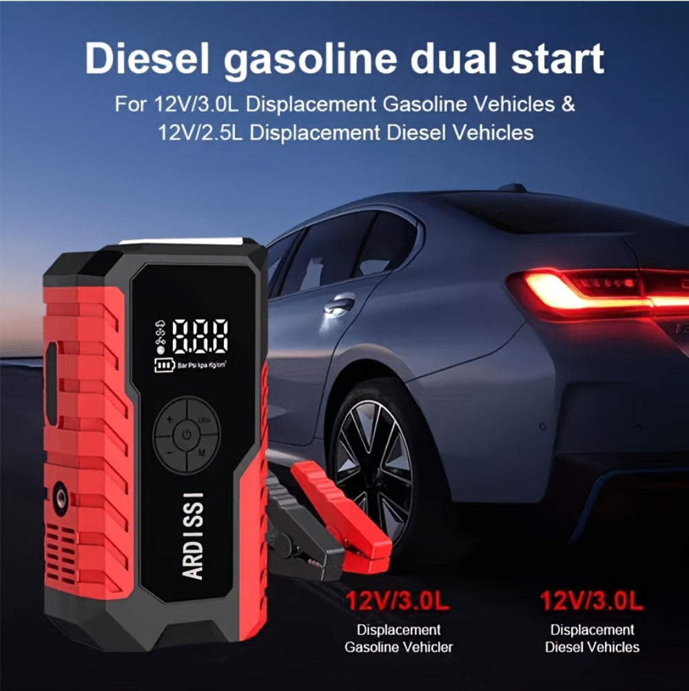5-in-1 Jump Starter 5000A Peak – 10000mAh Power Bank, 150PSI Air Inflator, Type-C & LED Emergency Light for 12V Gas & Diesel Engines