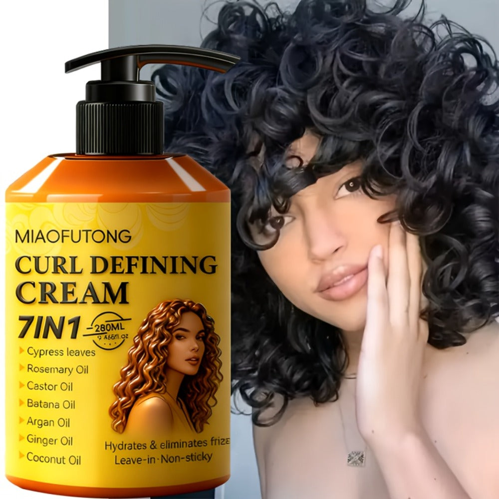 7-in-1 Curl Defining Cream by MIAOFUTONG in 280ml Pump Bottle with Seven Front-Label Botanical Ingredients