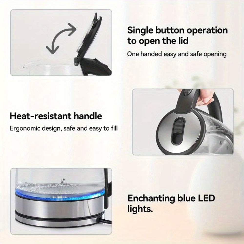 Electric Kettle by LONGADS, 2L 1000W Glass Body with Blue LED Indicator and Stainless Steel Heating Base