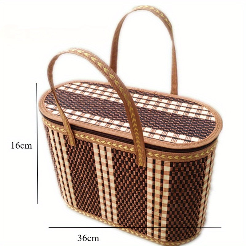 Woven Picnic Storage Basket with Fitted Checked Lid and Carry Handles, 14.17 x 6.3 x 10.24 Inches