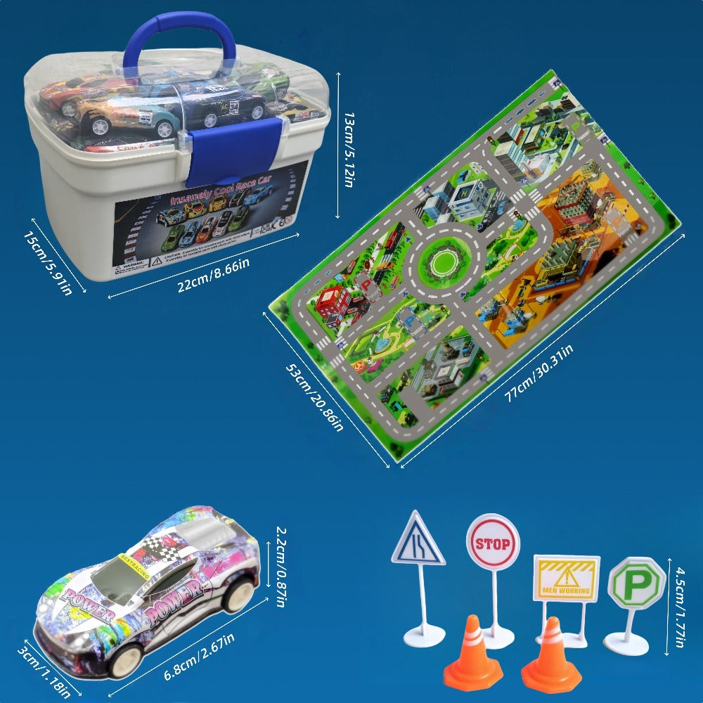 64 Pcs Pull Back Toy Car Set with City Map, Traffic Signs & Storage Box, 56 Mini Die-Cast Vehicles for Kids Boys Girls Ages 3+