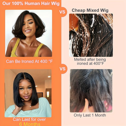 Bob Wig Human Hair 4x4 HD Lace Closure Glueless Short Straight Pre-Plucked Pre-Cut Lace Put, for Home, Travel and Salon Hair Styling