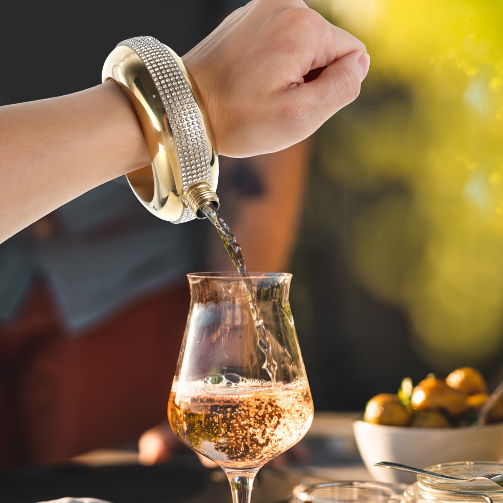 Bracelet Flask for Women, 3.5oz Stainless Steel Bangle Hidden Flask with Rhinestone Lid, Wearable Portable Liquor Flask for Parties