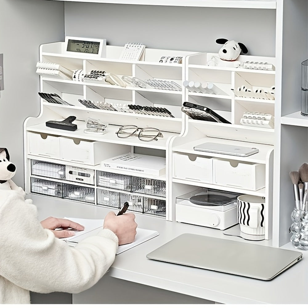 Desktop Storage Organizer with 11.81- or 19.69-Inch Six-Layer Rack and Locking Antler File Holder Options