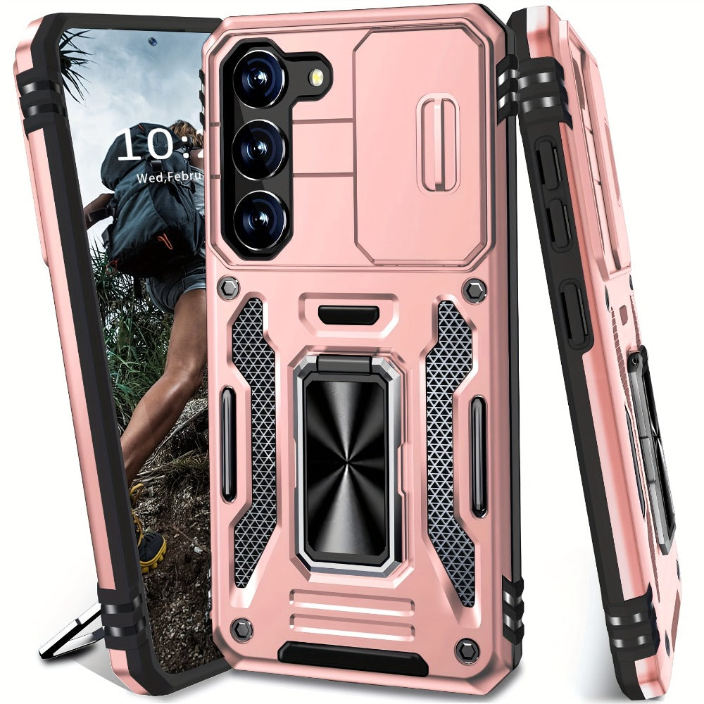 Samsung Galaxy Shockproof Magnetic Phone Case with 360° Rotating Ring Bracket & Sliding Lens Protector – Heavy Duty Cover for S24FE S23FE