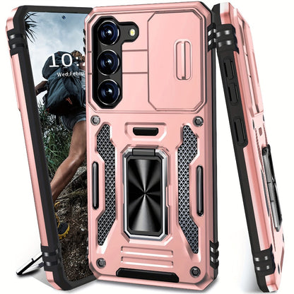 Samsung Galaxy Shockproof Magnetic Phone Case with 360° Rotating Ring Bracket & Sliding Lens Protector – Heavy Duty Cover for S24FE S23FE