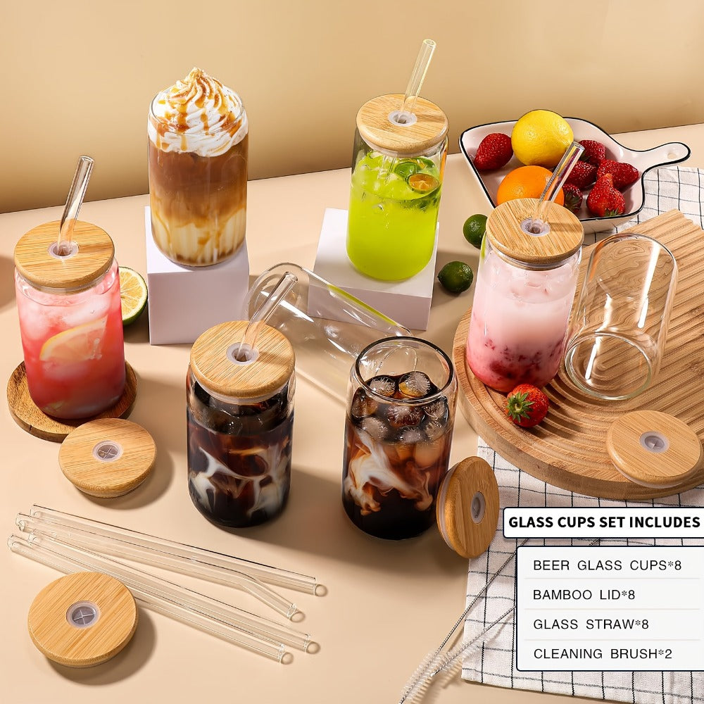 Glass Coffee Cup Drinkware Set, 16oz Clear Cups with Bamboo Lids, Glass Straws and Brushes in 4 to 16 Pieces