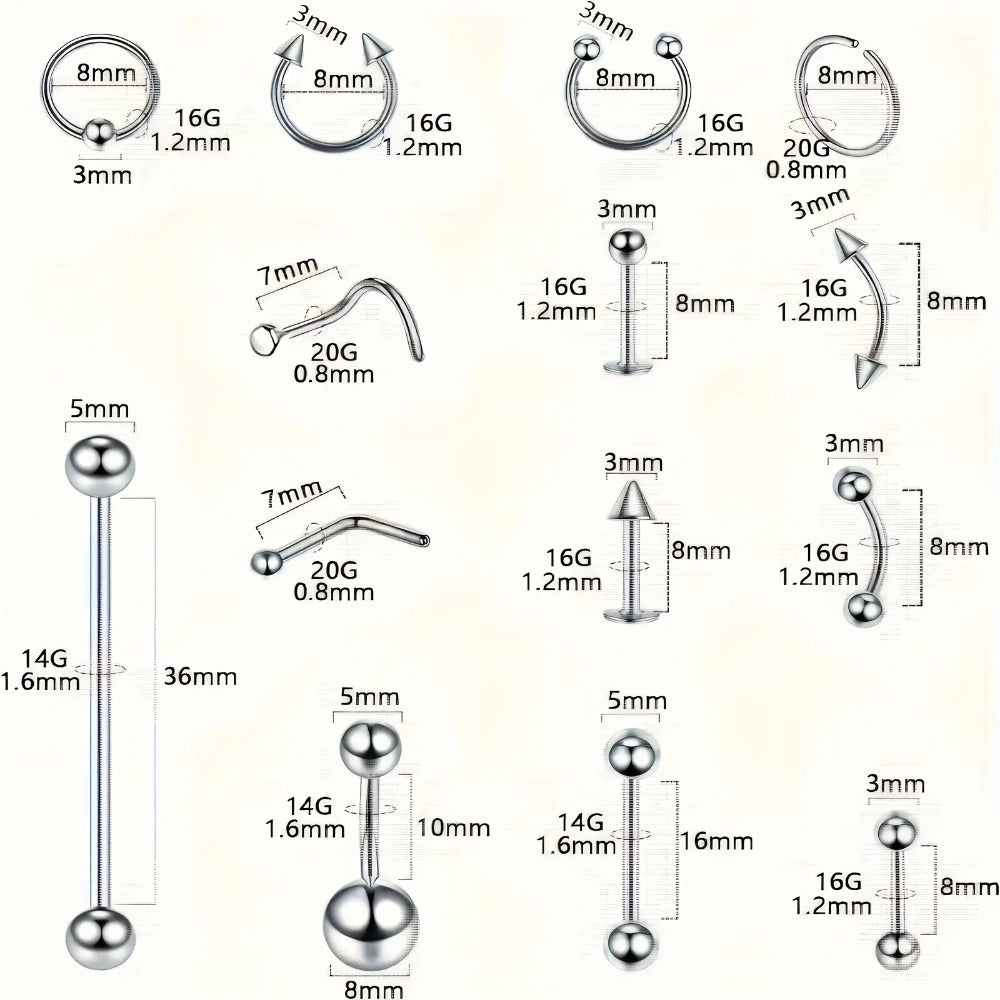 Piercing Kit Stainless Steel Random Set for Makeup, Travel and Everyday Vanity Use, with the Listed Configuration