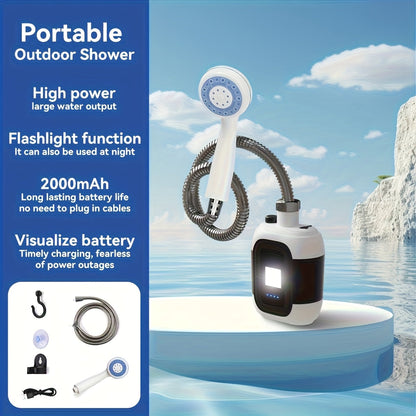Portable Outdoor Shower with Light 2-in-1 – 2000mAh Rechargeable, Power Display, Spray Nozzle, Hose & Suction Cup – Camping, Hiking