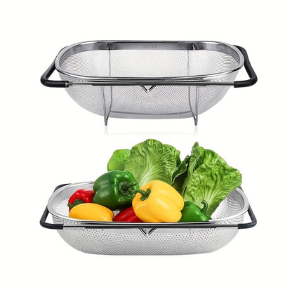 Stainless Steel Colander Expandable Fine Mesh Drain Basket Strainer for Vegetables Fruits for Home Cooking, Dining and Outdoor Meals