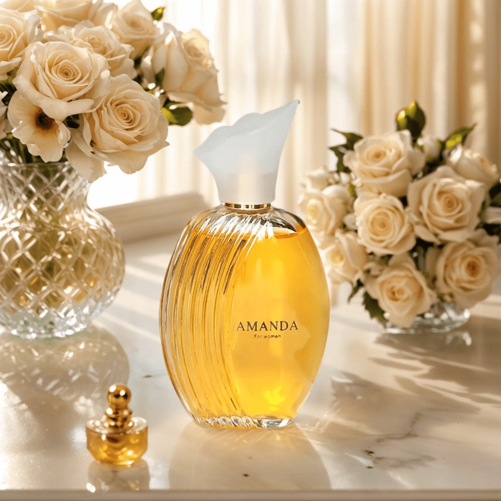 AMANDA Women's Eau de Parfum Spray, 100 ml Oval Amber Bottle with White Flower Cap and Red Gift Box