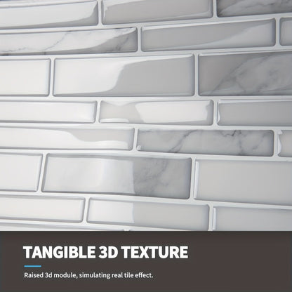 Ten-Sheet White Marble Subway-Pattern Peel-and-Stick Backsplash Wall Tile Set with 30 x 18 cm Panels