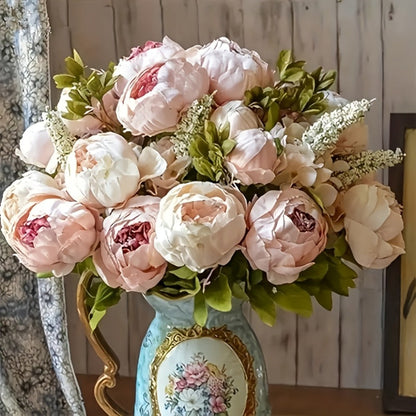 Faux Peonies Hydrangeas Artificial Flowers Vintage Silk Bouquet – Pink Green Mix Floral Centerpiece for Bridal Wedding Home Table Decor