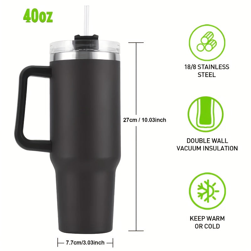 Insulated Tumbler 40oz with Handle & Straw Lid – Double-Wall Vacuum 304 Stainless Steel Travel Cup, Leakproof & Rustproof