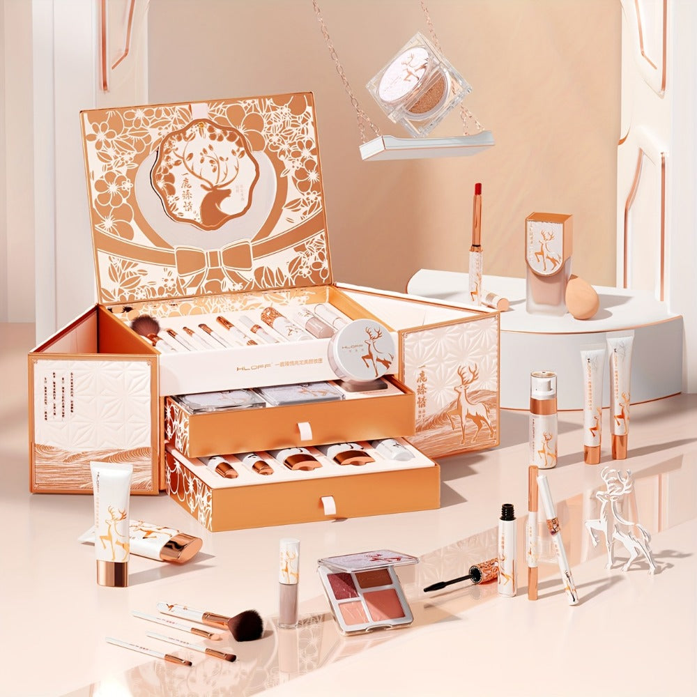 Rose-Gold Makeup Gift Box with Four-Pan Face Palette, Eyeshadow Palette, Lip and Eye Products and Makeup Brushes