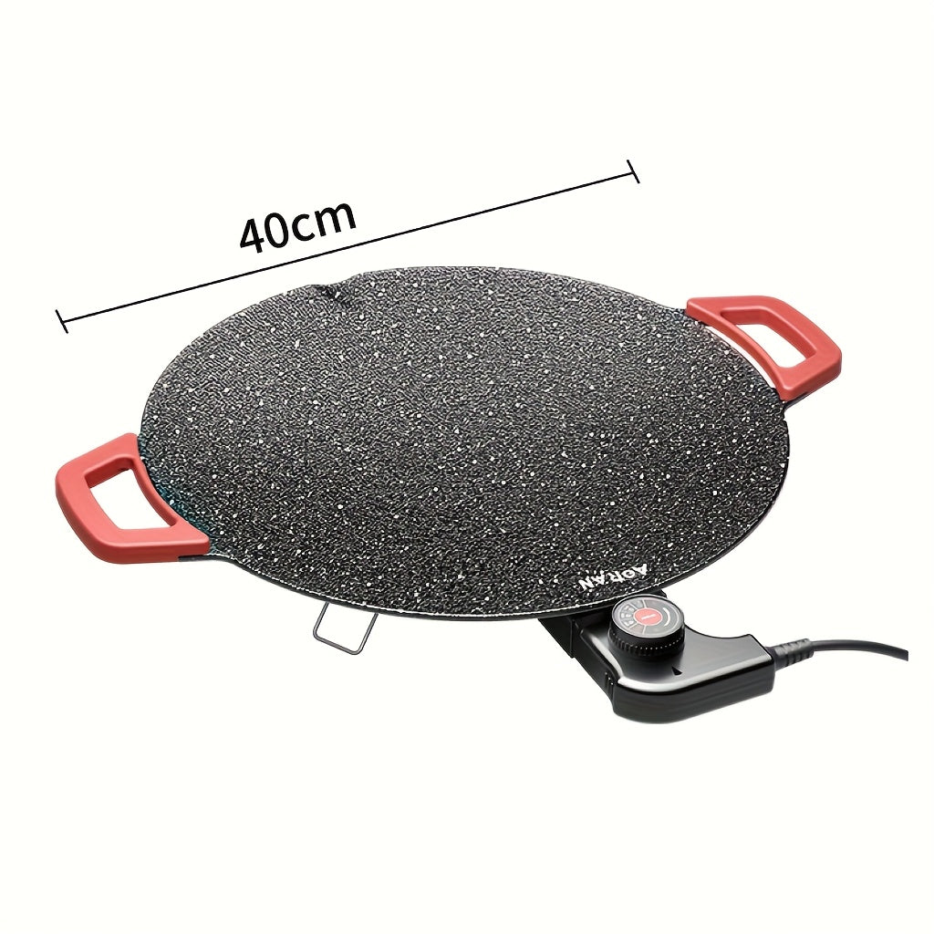 Korean BBQ Grill Pan, Round Non-Stick Multi-Functional Electric Grill Pan with Red Handle & Adjustable Settings