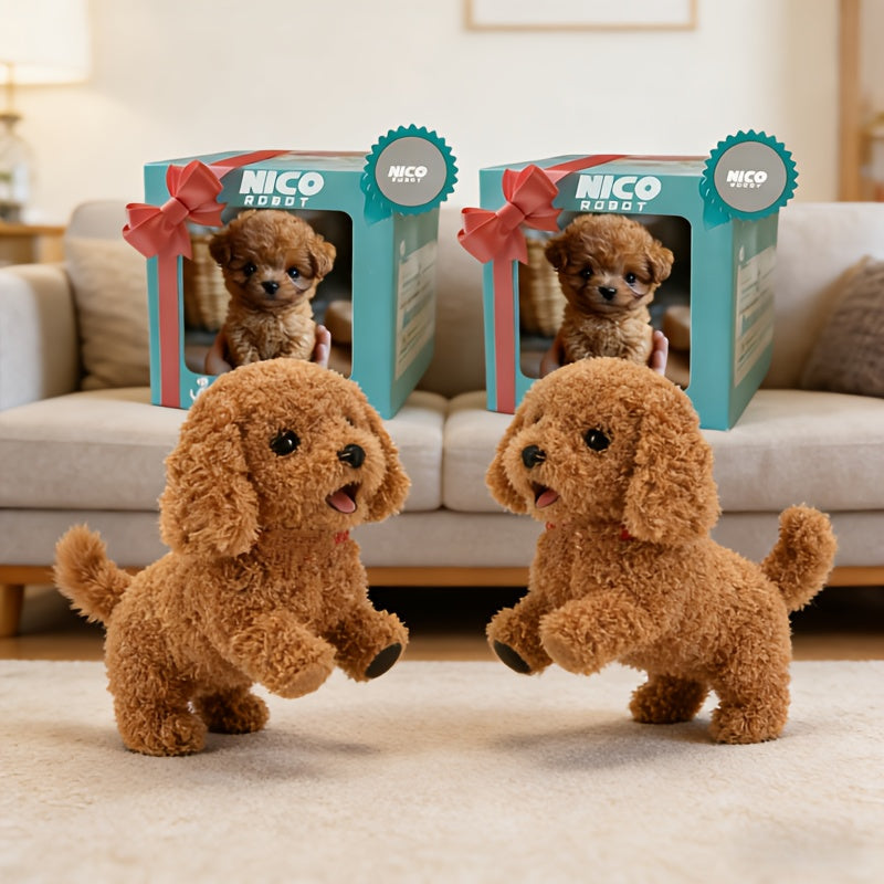 Two-Piece Brown Electronic Plush Puppy Toy Set with Walking and Barking Presentation and Boxed Dogs