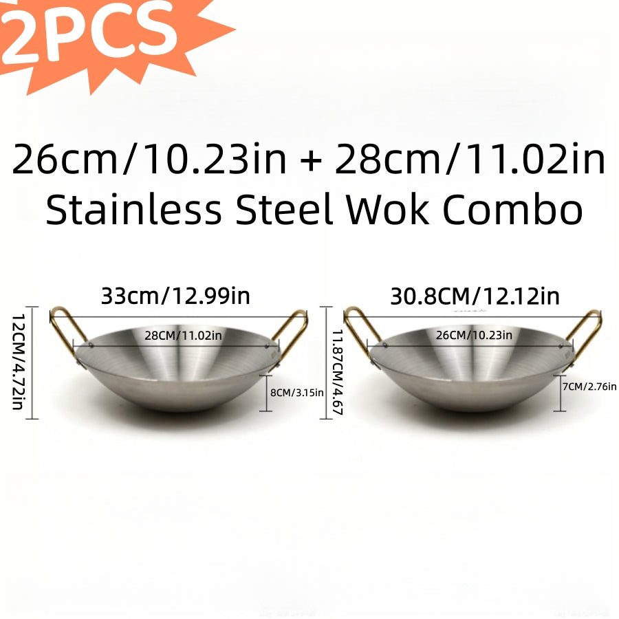 Stainless Steel Wok Set 2pcs 10in + 11in, Non-Stick Frying Pan with Stainless Steel Handle, Cookware for Home Kitchen & Outdoor Cooking