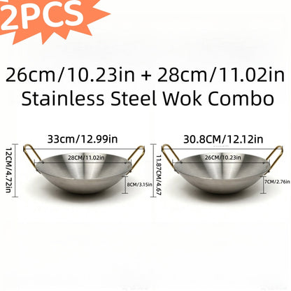Stainless Steel Wok Set 2pcs 10in + 11in, Non-Stick Frying Pan with Stainless Steel Handle, Cookware for Home Kitchen & Outdoor Cooking