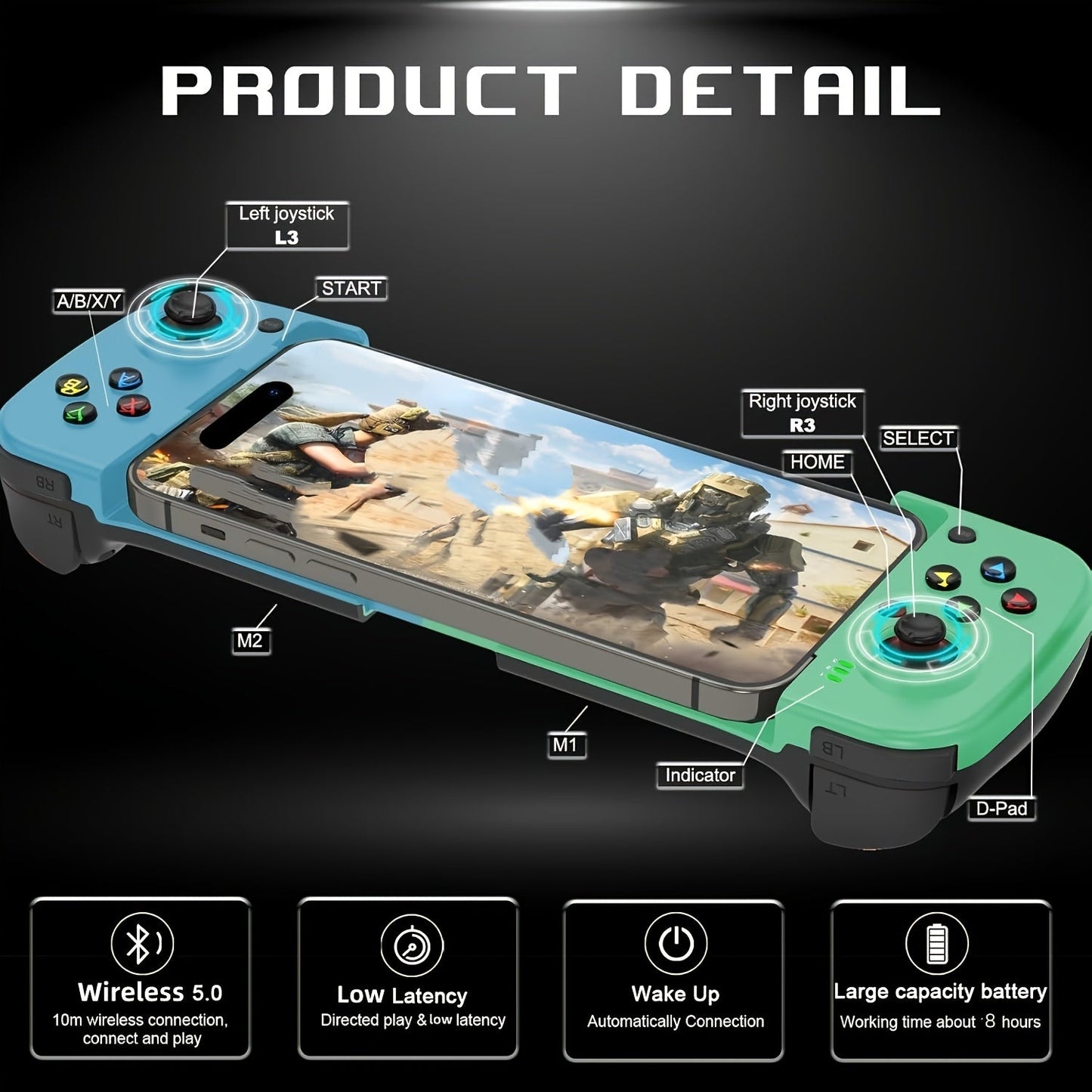 Bluetooth Wireless Gamepad Controller for iPhone Android PC Tablet Steam Deck, Rechargeable, Design
