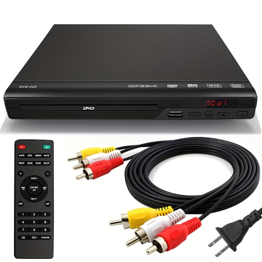 Compact Black DVD Player with USB Port, AV and Coaxial Outputs, Remote Control and RCA Cable for Older TVs