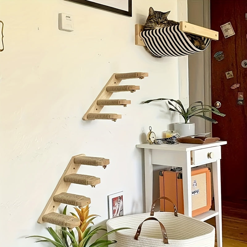 Cat Wall Furniture, Wall-Mounted Cat Climbing Frame Solid Wood Cat Stairs Ladder Perch Jumping Platform All Season Indoor Cat Wall Furniture
