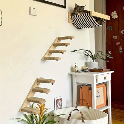 Cat Wall Furniture, Wall-Mounted Cat Climbing Frame Solid Wood Cat Stairs Ladder Perch Jumping Platform All Season Indoor Cat Wall Furniture