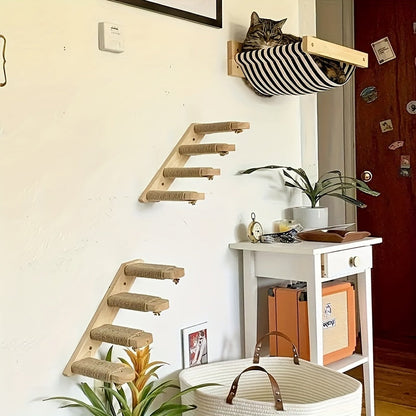 Four-Step Wall-Mounted Cat Ladder with 45.5cm Wood Frame, Rope-Covered Treads and Fastener Points