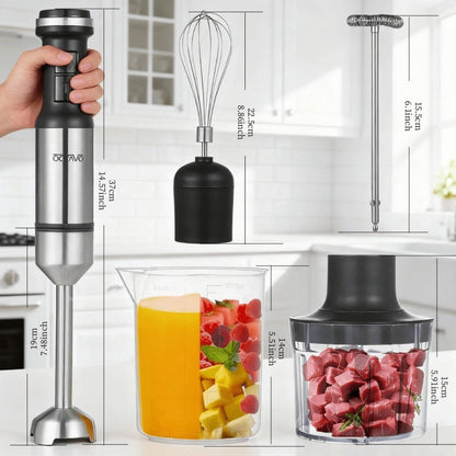 Silver Immersion Blender Set with 1000ml Beaker, 450ml Chopper, Whisk and Frother Attachments