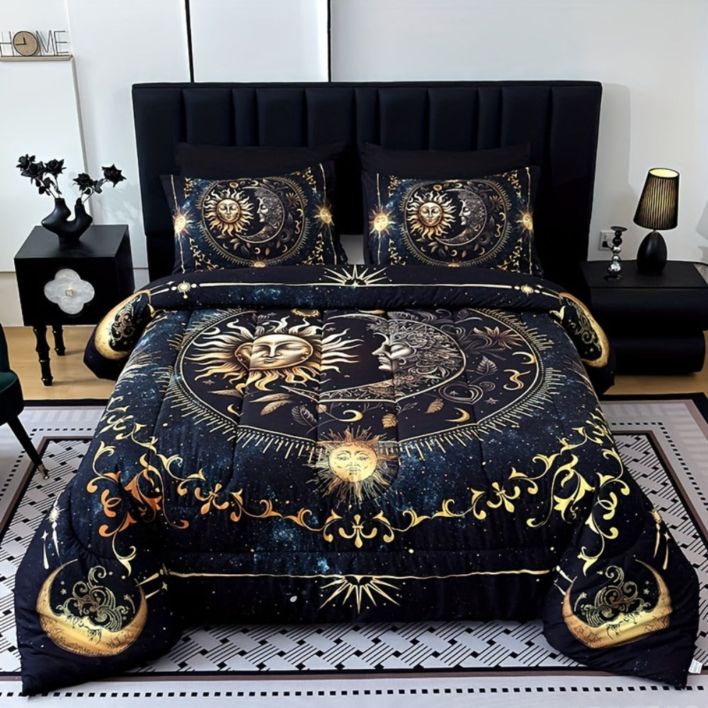 Sun Moon and Planet Print Comforter Set in Black with Twin, Full, Queen and King Size Options