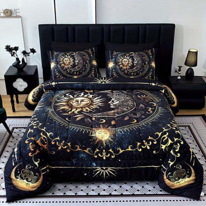 Sun Moon and Planet Print Comforter Set in Black with Twin, Full, Queen and King Size Options