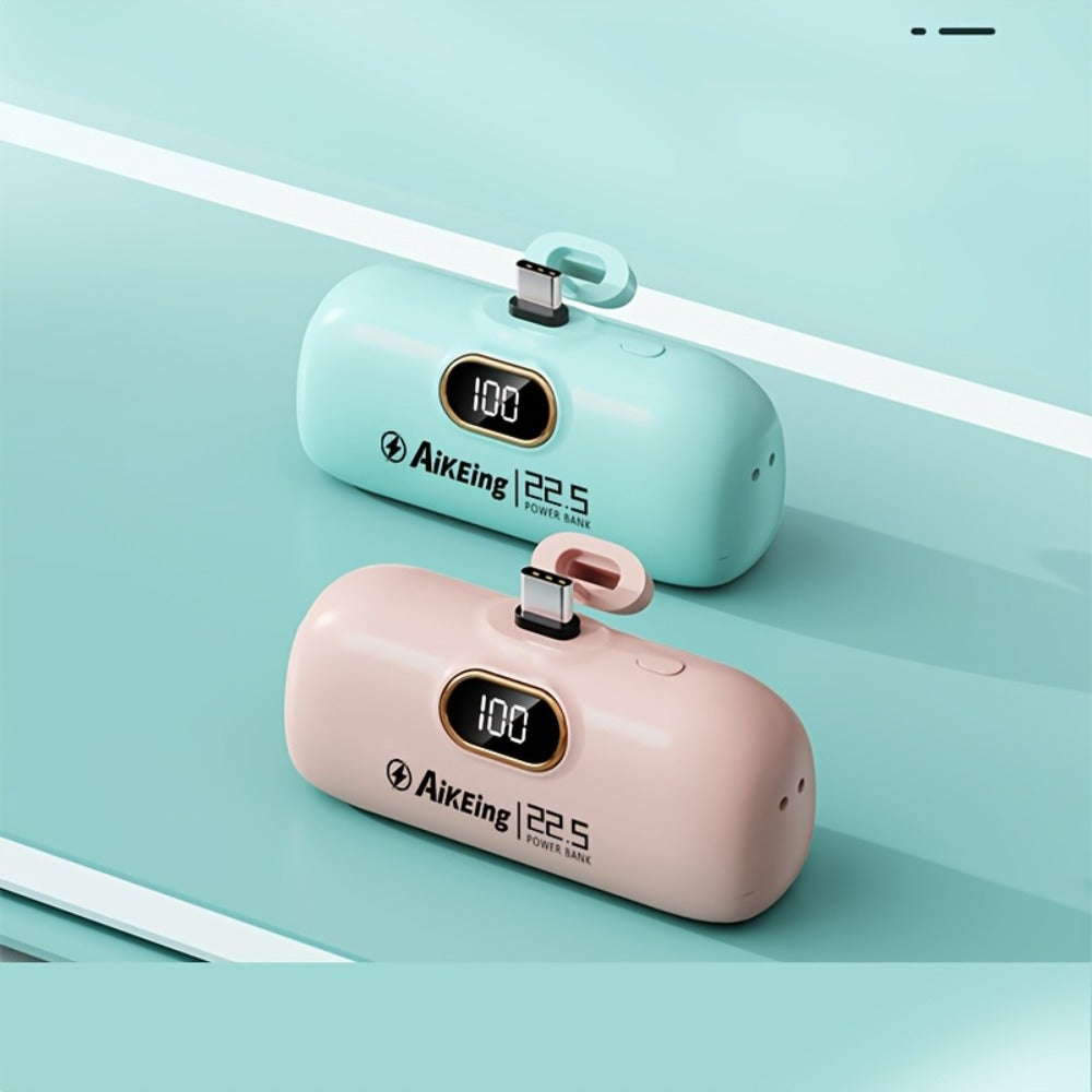 Mini Power Bank 5000mAh with Built-in USB-C Connector Fast Charging, Ultra-Compact Pocket Portable Charger for iPhone Android Samsung