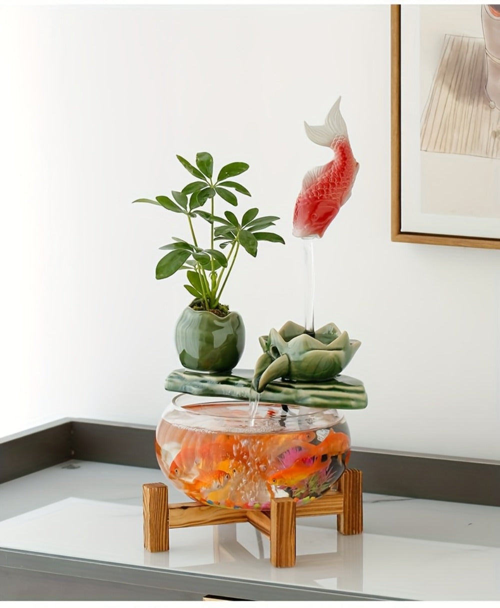 USB Desktop Fish Waterfall Fountain with Glass Bowl, Relaxing Indoor Water Feature Tabletop Decor Zen Fountain Gift