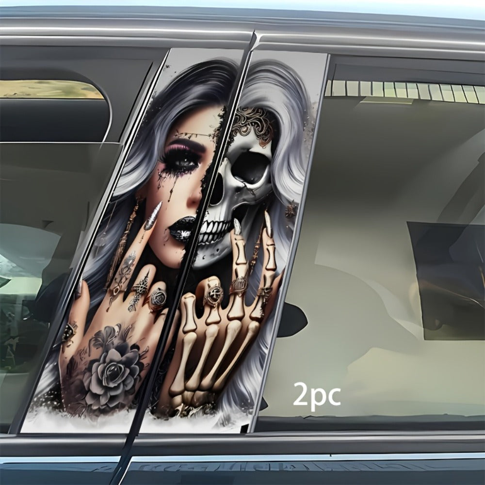 Two-Piece Car B-Pillar Decal Set with Split Skull Portrait Artwork, 48 × 25 cm Flat Sticker Pair