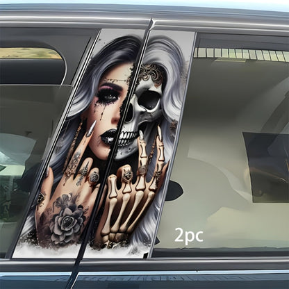 Two-Piece Car B-Pillar Decal Set with Split Skull Portrait Artwork, 48 × 25 cm Flat Sticker Pair