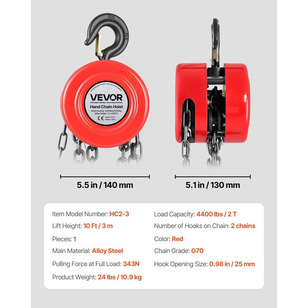 Hand Chain Hoist / Manual Chain Block with G70 Chain, 8 ft / 10 ft / 20 ft Lift Height, 360° Rotating Hooks