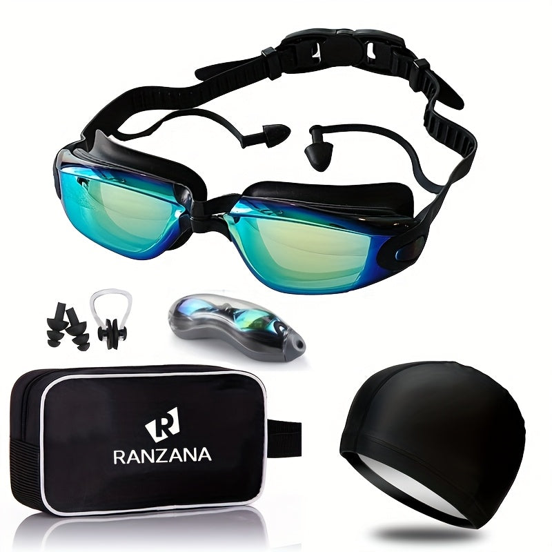 Iridescent-Lens Swim Goggles Set with Adjustable Split Strap, Swim Cap, Hard Case and Small Accessories